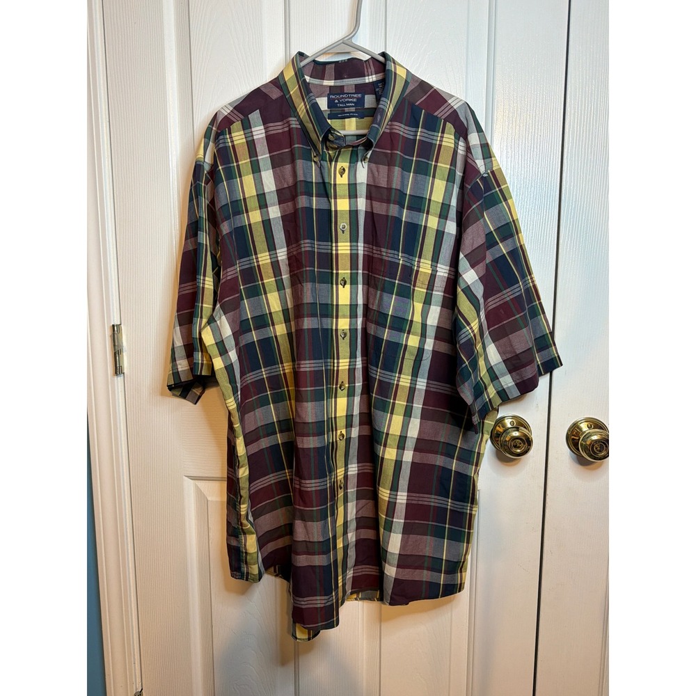 Roundtree & Yorke Tall Man 3XLT Plaid Button Down Shirt Wrinkle Free Short